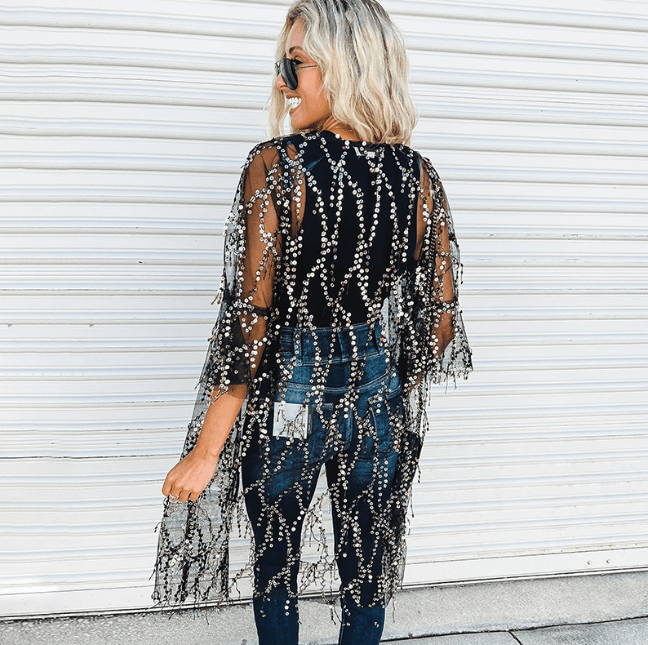 Sequined Transparent Mid-length Cardigan For Women Autumn - Trendha