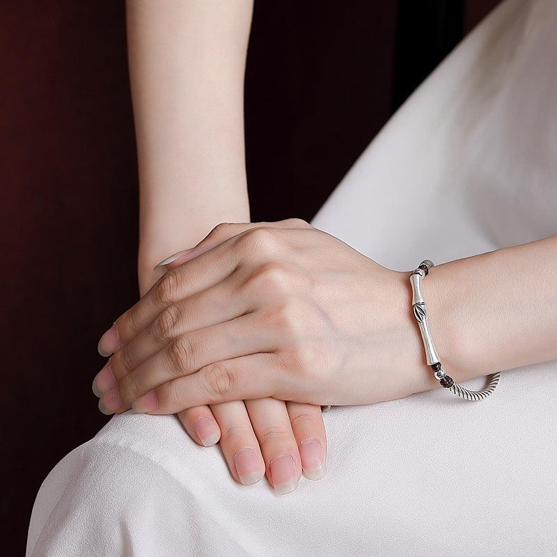 Silver S999 Full Silver Vintage Personality Slub Bamboo Leaf Bracelet - Trendha