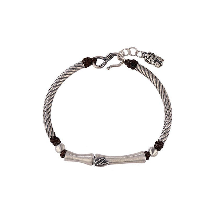 Silver S999 Full Silver Vintage Personality Slub Bamboo Leaf Bracelet - Trendha