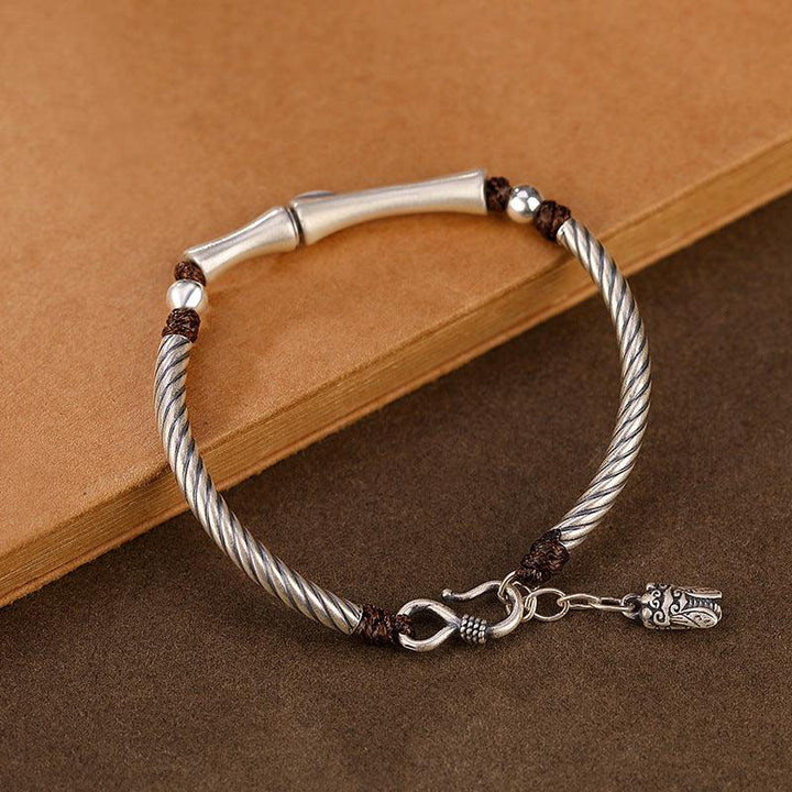 Silver S999 Full Silver Vintage Personality Slub Bamboo Leaf Bracelet - Trendha