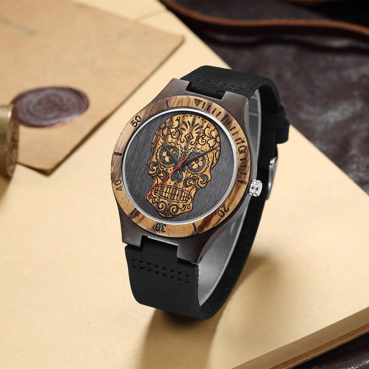 Skull Wooden Watch Quartz Scale Double Color - Trendha