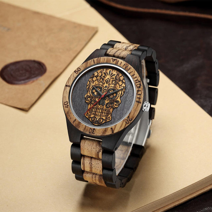 Skull Wooden Watch Quartz Scale Double Color - Trendha