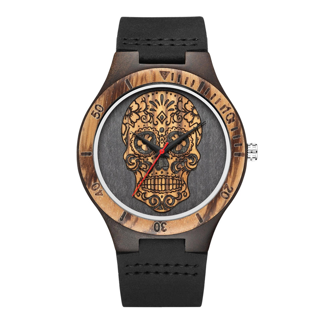 Skull Wooden Watch Quartz Scale Double Color - Trendha