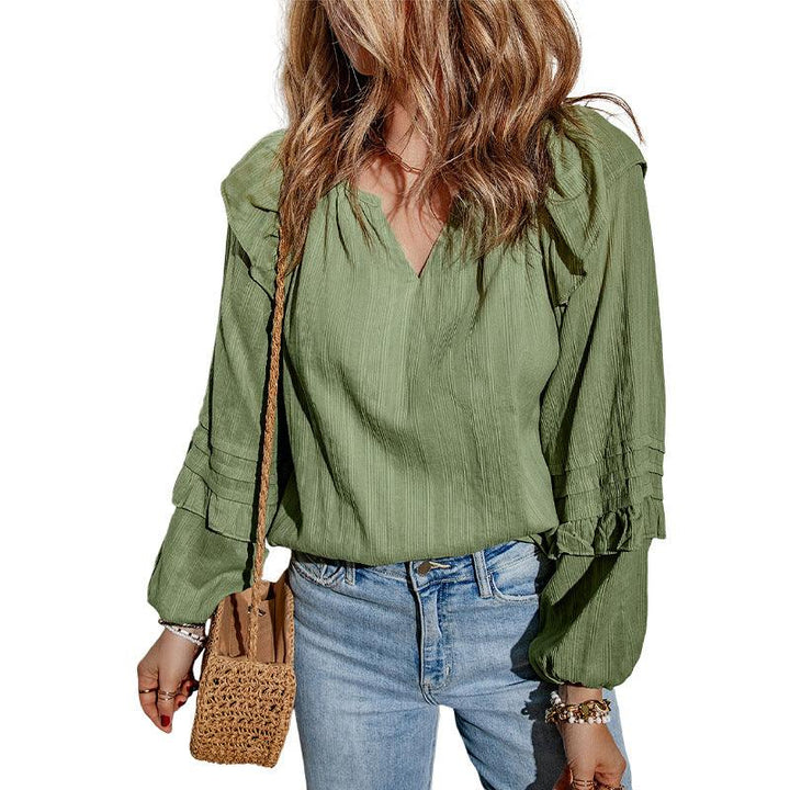 Solid Color And V-neck Ruffled Puff Sleeve Shirt European And American Leisure Pullover - Trendha