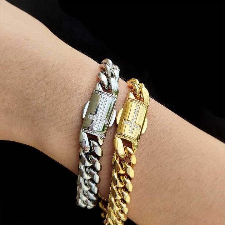 Stainless Steel Cuban Chain Micro Set Zircon Spring Snap Bracelet - Trendha