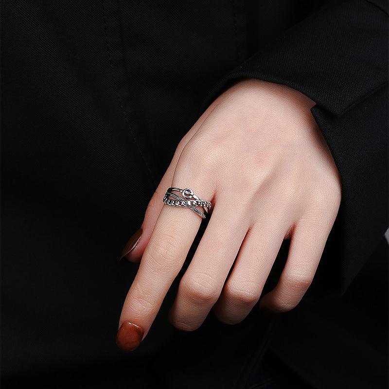 Sterling Silver Chain Stitching Cross Irregular Ring - Trendha