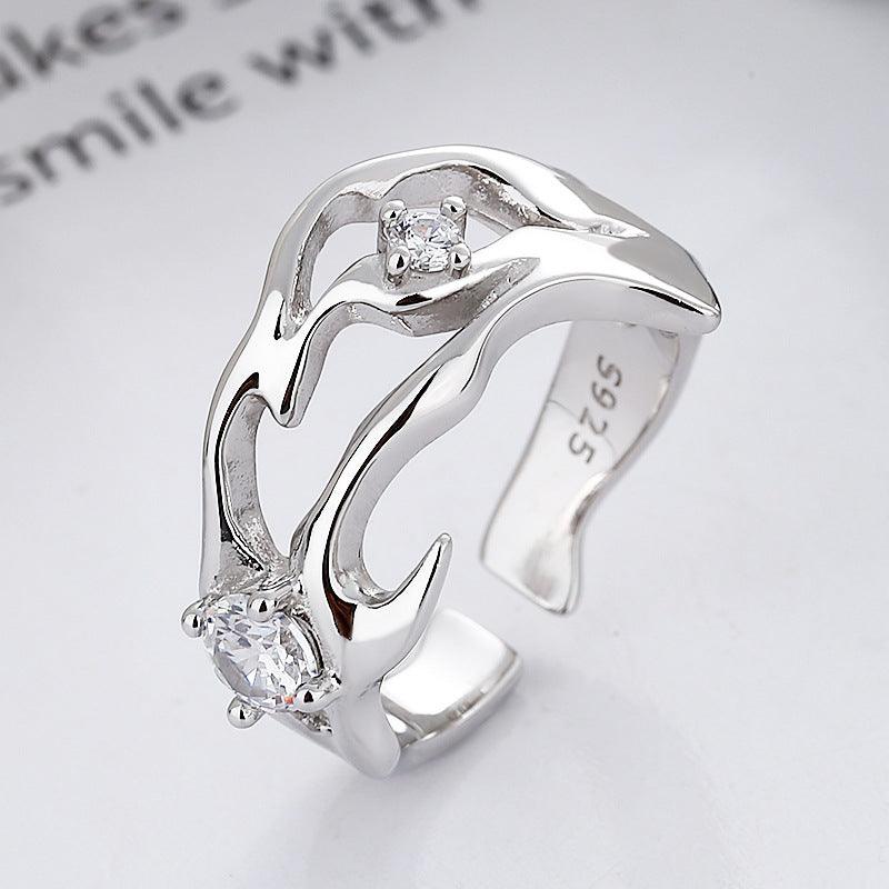 Sterling Silver Hollow Inlaid Zircon Irregular Ring - Trendha