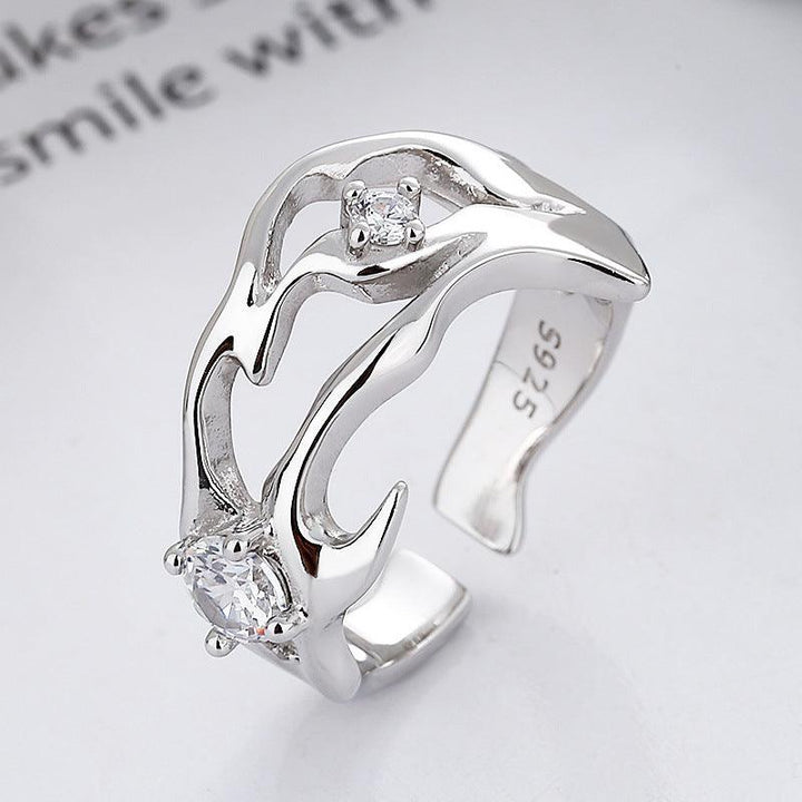 Sterling Silver Hollow Inlaid Zircon Irregular Ring - Trendha