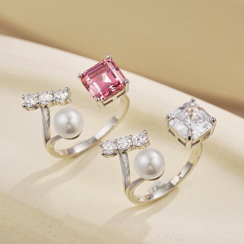 Sterling Silver Pearl Ring Square Zircon Ring Opening Adjustable - Trendha
