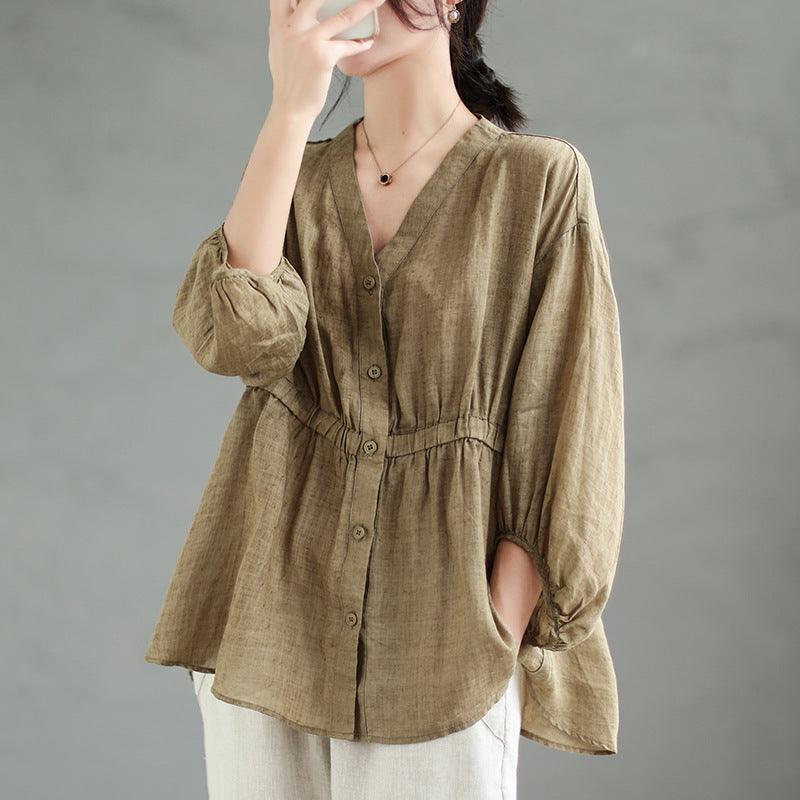 Tiansi Ramie New V-neck Shirt For Women Loose Fitting - Trendha