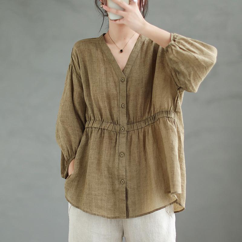 Tiansi Ramie New V-neck Shirt For Women Loose Fitting - Trendha