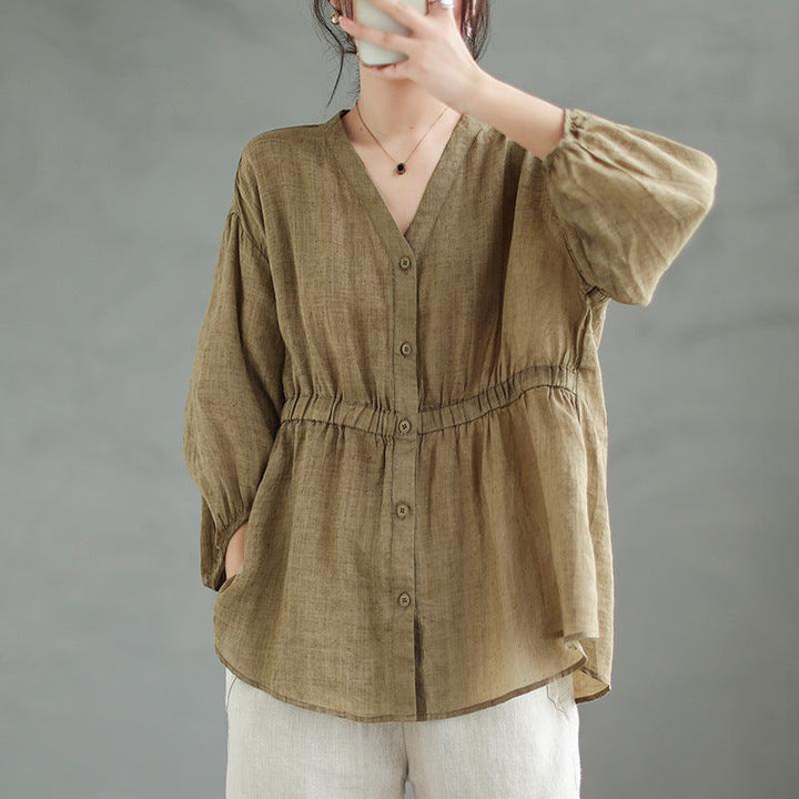 Tiansi Ramie New V-neck Shirt For Women Loose Fitting - Trendha
