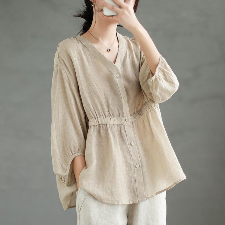 Tiansi Ramie New V-neck Shirt For Women Loose Fitting - Trendha
