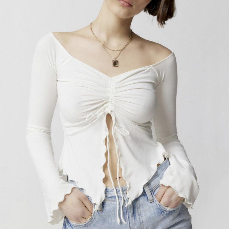 Two-wear Top Wooden Ear Edge Horn Sleeve Sexy Off-the-shoulder Long Sleeve T-shirt Woman - Trendha