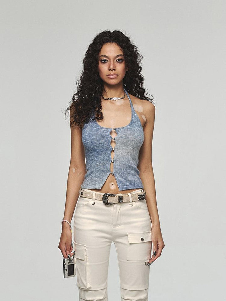 Vacation Style Rainbow Color Halter Spaghetti Straps Vest Outer Wear Slim Top - Trendha