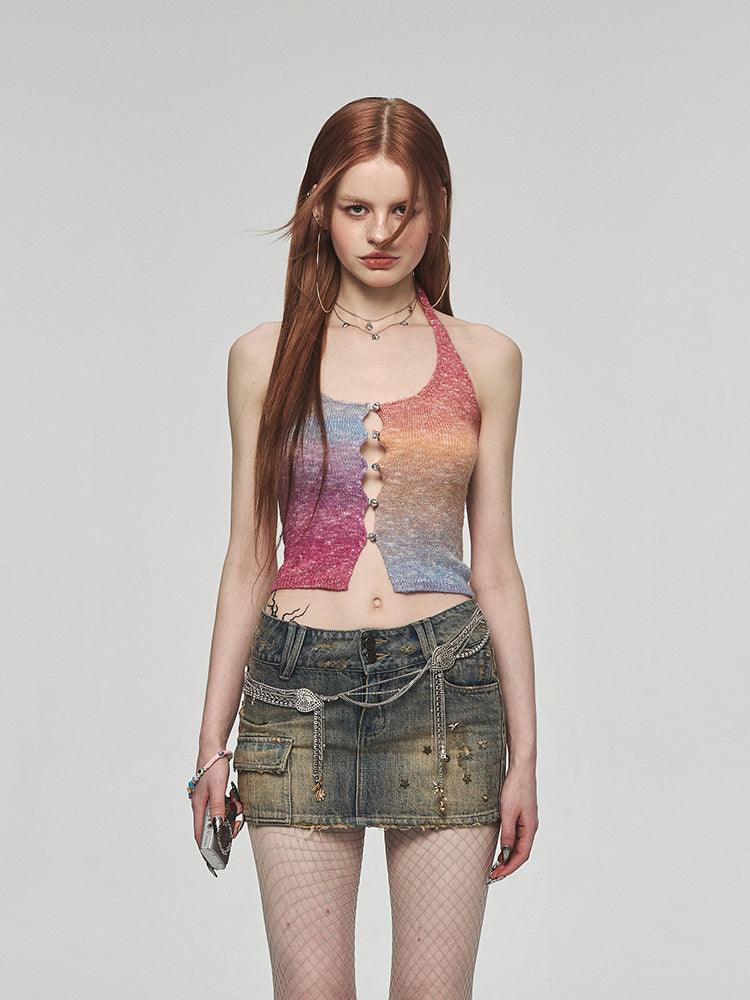 Vacation Style Rainbow Color Halter Spaghetti Straps Vest Outer Wear Slim Top - Trendha