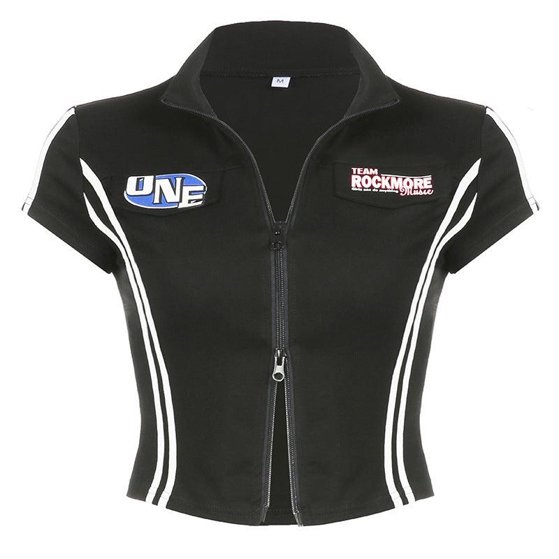 Women's Contrast Color Braid Patchwork Lapel T-shirt - Trendha