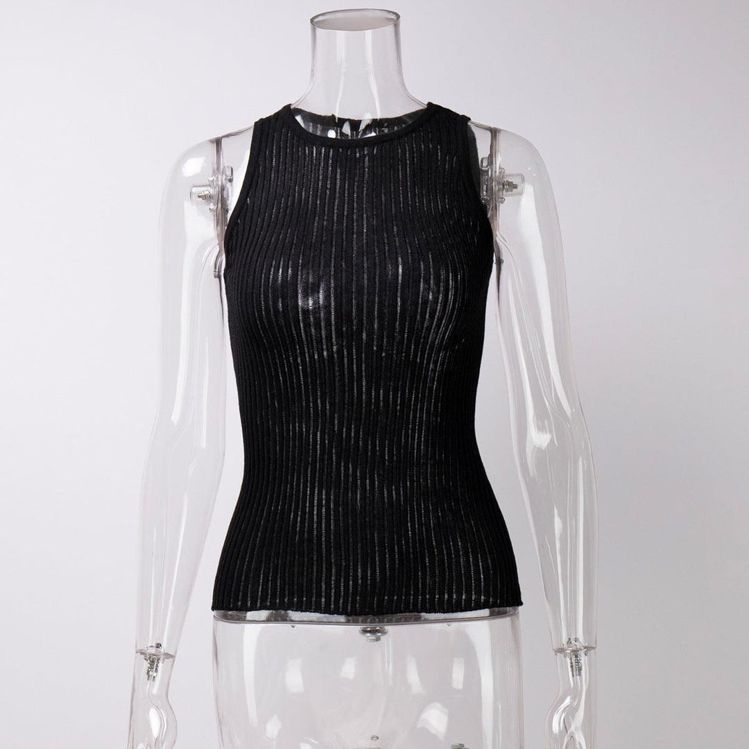 Women's Fashion Solid Color Rib Fabric Hollow Vest Slim Sleeveless Knitted Top - Trendha