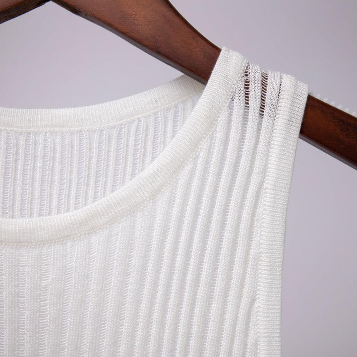 Women's Fashion Solid Color Rib Fabric Hollow Vest Slim Sleeveless Knitted Top - Trendha