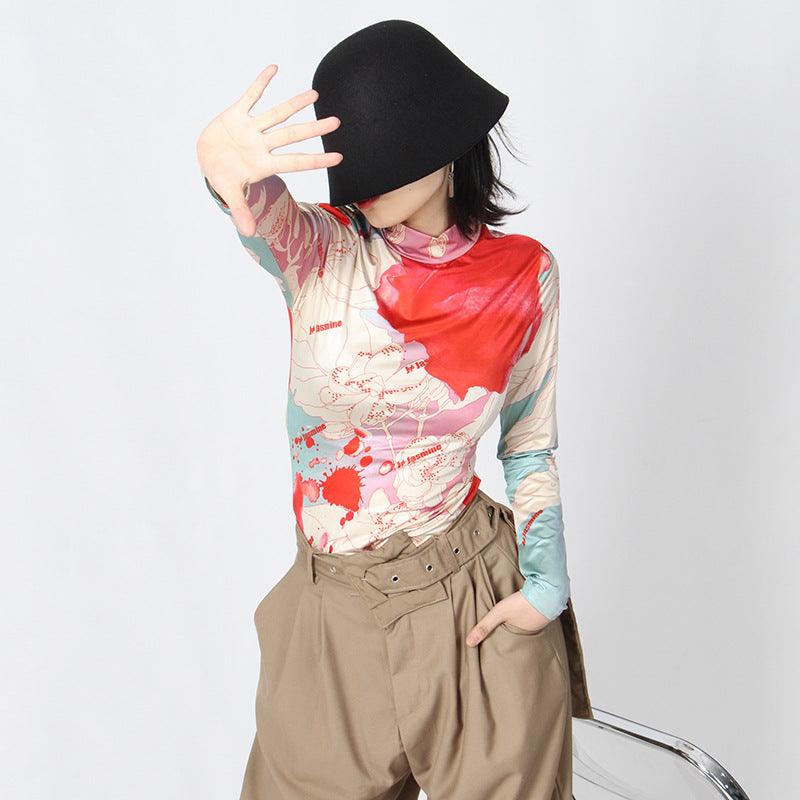 Women's Fashionable Vintage Printed Turtleneck Long Sleeve Slim Bottoming Shirt - Trendha