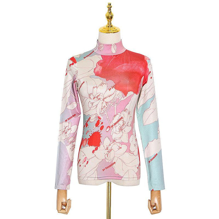 Women's Fashionable Vintage Printed Turtleneck Long Sleeve Slim Bottoming Shirt - Trendha