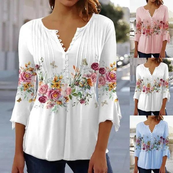 Women's Floral Printed V-neck Short Sleeve Button T-shirt - Trendha