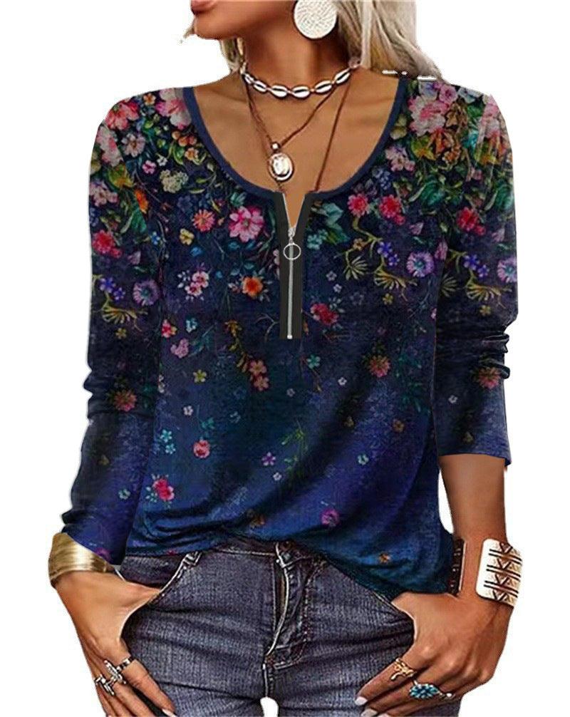 Women's Graceful And Fashionable Long Sleeve Zip Ethnic T-shirt - Trendha