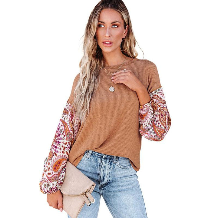 Women's Long Sleeve Printed Round Neck Pullover Loose Top - Trendha