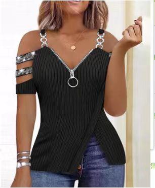 Women's Rhinestone Zipper Eyelet V-neck Raglan Sleeve Sling Irregular T-shirt - Trendha