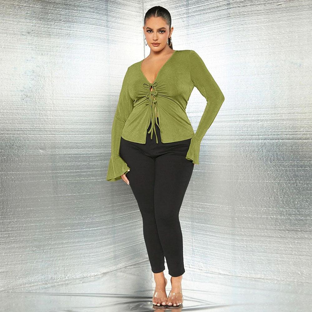 Women's Slim-fit Lace Up V-neck Knitted Long Sleeves Shirt - Trendha