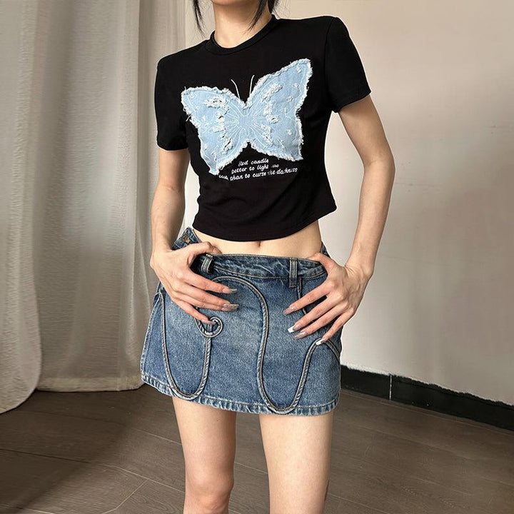 Women's Summer Hot Girl Cropped Printed Top Butterfly Embroidered T-shirt - Trendha