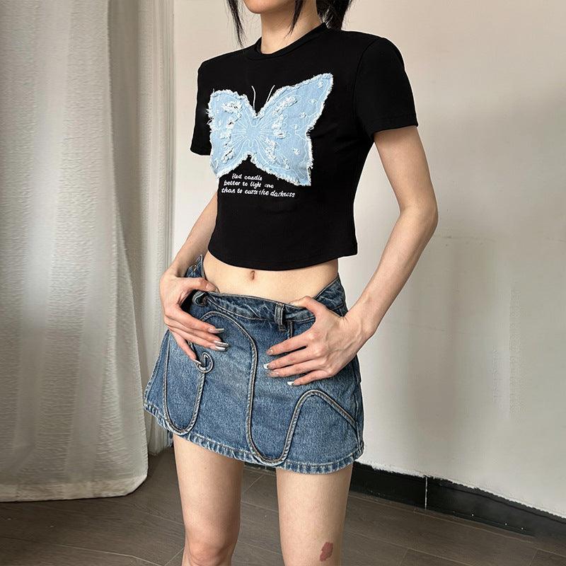 Women's Summer Hot Girl Cropped Printed Top Butterfly Embroidered T-shirt - Trendha