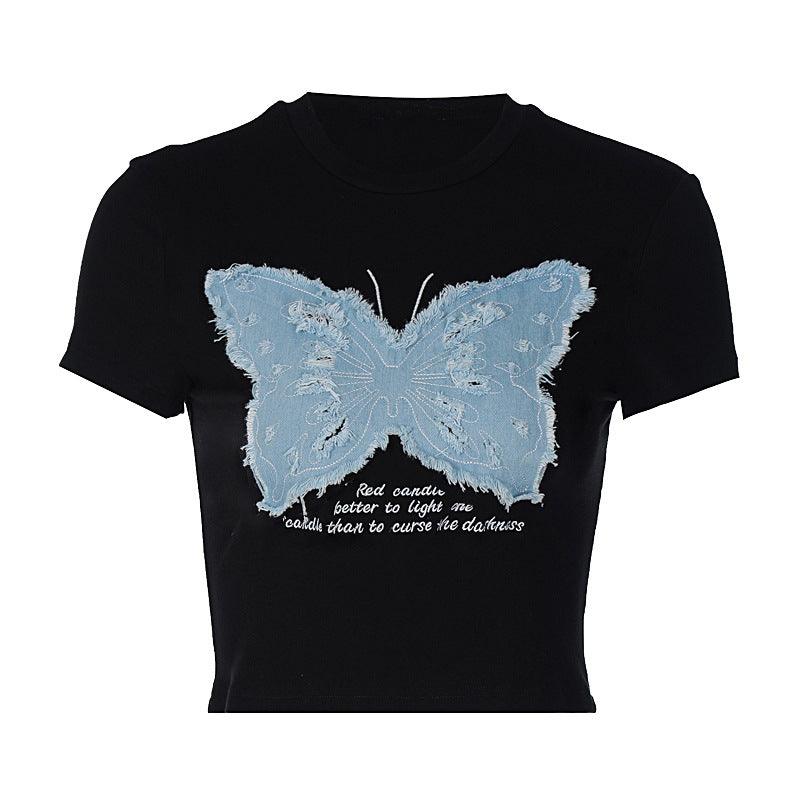 Women's Summer Hot Girl Cropped Printed Top Butterfly Embroidered T-shirt - Trendha