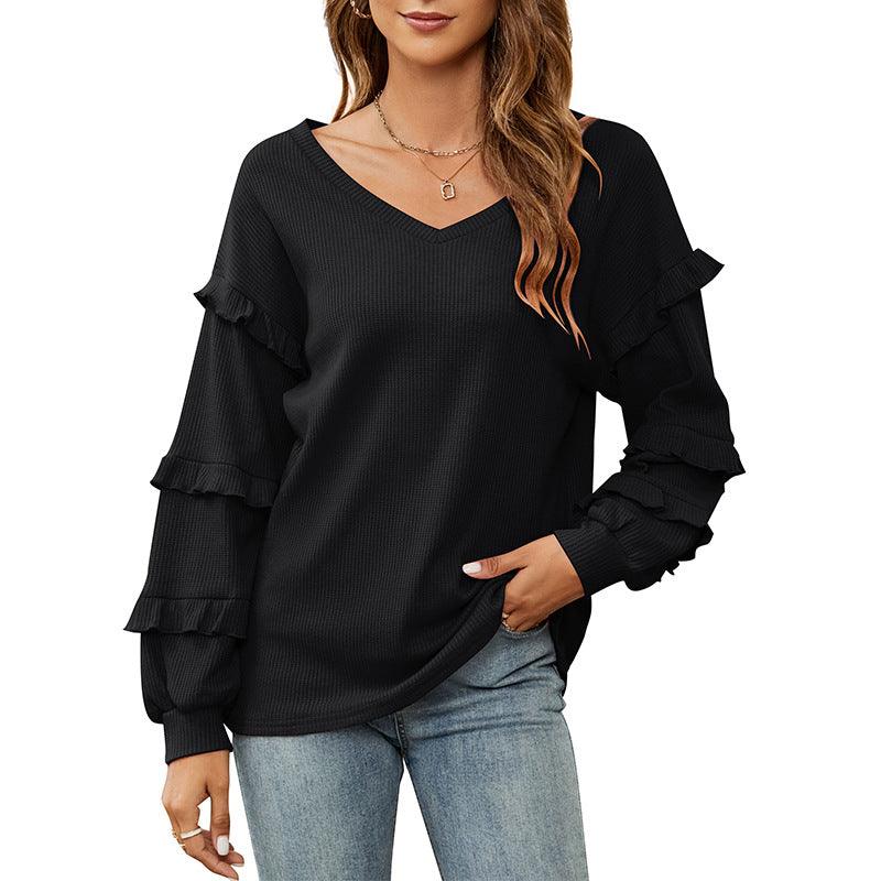 Women's Top Autumn And Winter New Women's Waffle V-neck Flounce Top - Trendha