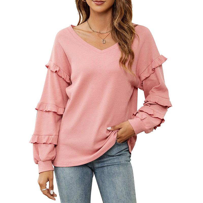 Women's Top Autumn And Winter New Women's Waffle V-neck Flounce Top - Trendha
