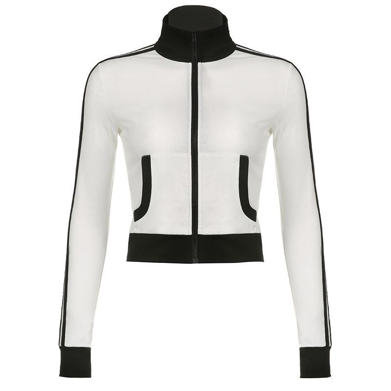 Women's Zipped Stand Collar Black And White Long-sleeved Top - Trendha