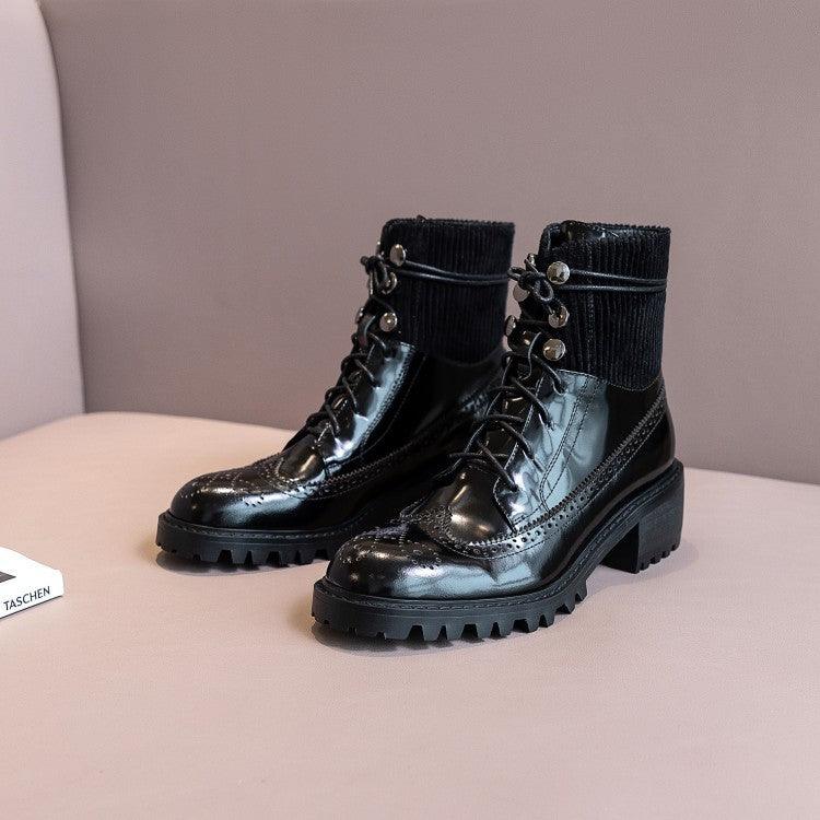 Fashion lace round toe all-match thick heel short boots - Trendha