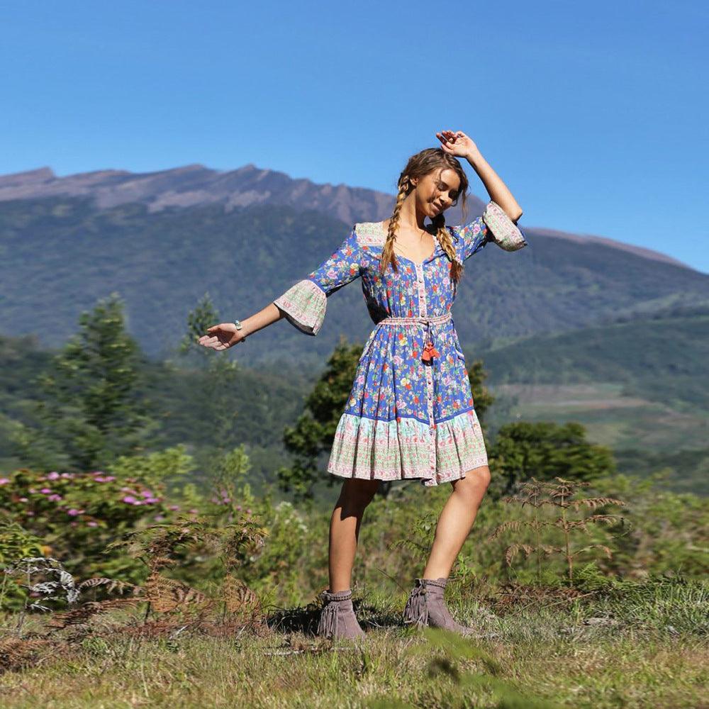 Bohemian beach resort style pleated print dress - Trendha