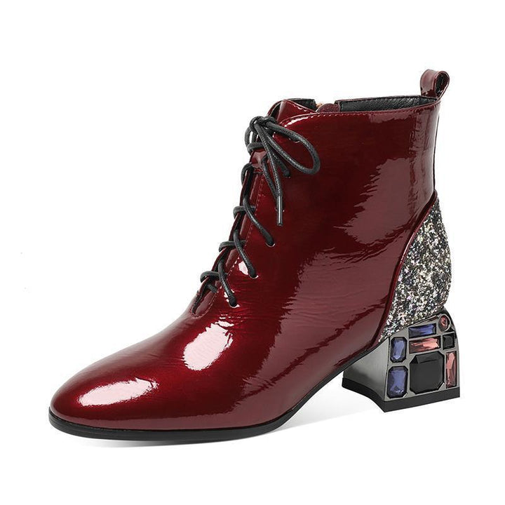 New Rhinestone Thick Heel Patent Leather Sequins - Trendha