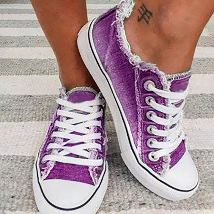 Women's Large Size Lace-Up Canvas Sneakers with Thick Soles and Denim Design - Trendha
