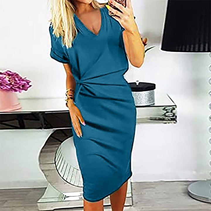 Fashion Solid Color Casual Twist V Neck Short Sleeve Skirt Women - Trendha