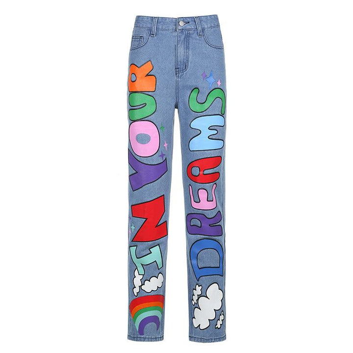 Sexy Contrast Color Letters Graffiti Print Loose Jeans - Trendha