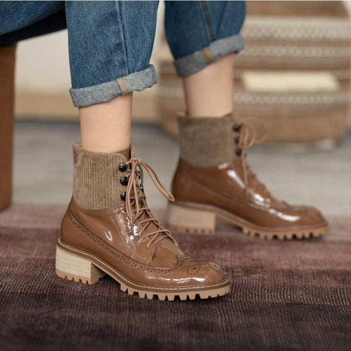 Fashion lace round toe all-match thick heel short boots - Trendha