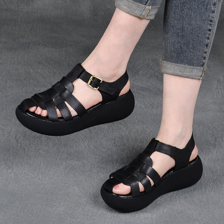 Leather Hollow Woven High Heel Platform Hollow Toe-toe Trifle Roman Sandals - Trendha