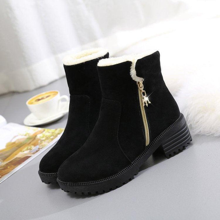 Short Suede Side Zip Student Thick Mid-Heel Boots - Trendha