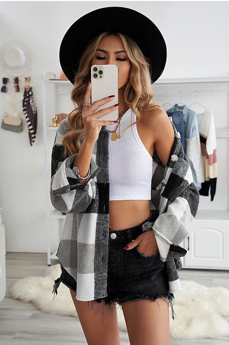 Casual Long-sleeved Lapel Loose-fitting Blouse Plaid Woolen Coat - Trendha