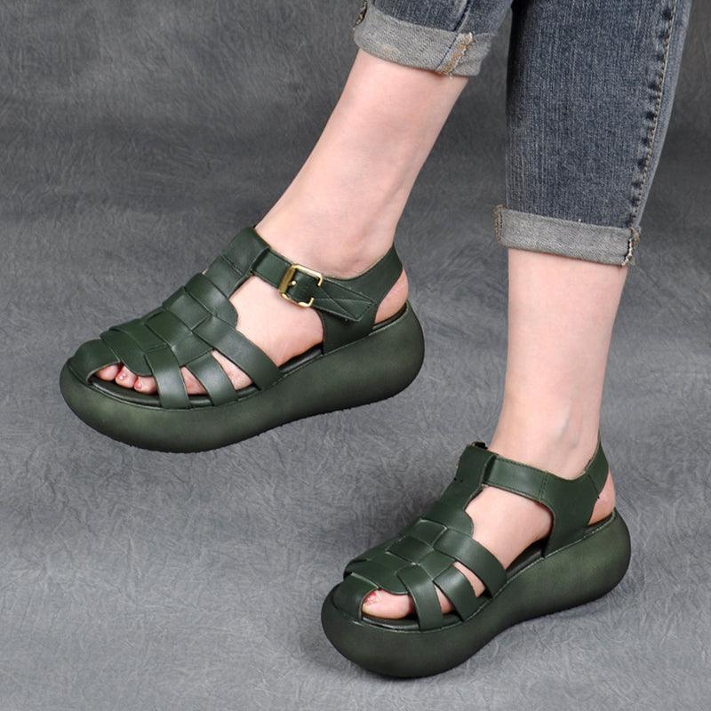 Leather Hollow Woven High Heel Platform Hollow Toe-toe Trifle Roman Sandals - Trendha