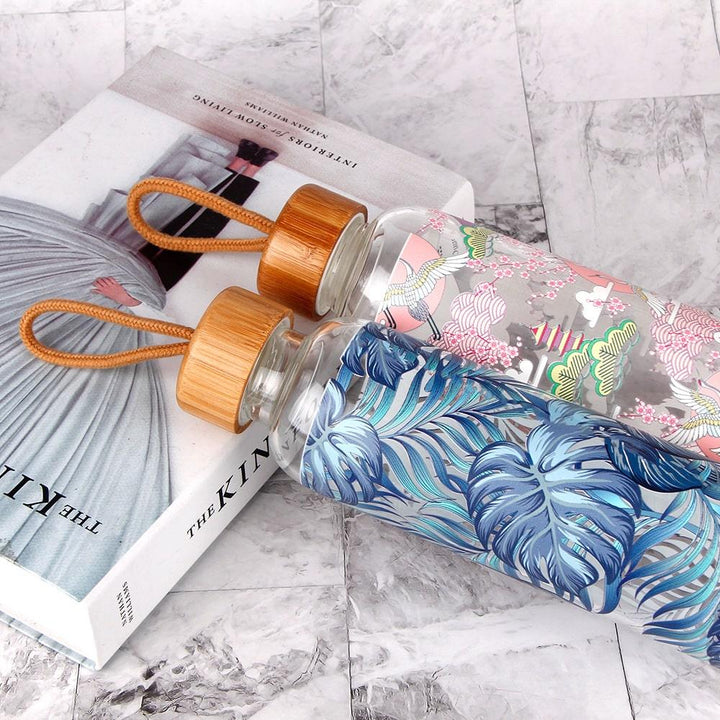Colorful Print Glass Water Bottle with Bamboo Lid - Trendha