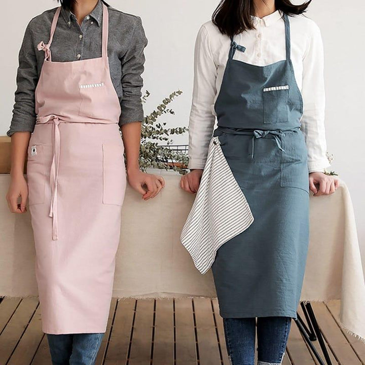 Solid Linen Bib Apron with Pockets for Cafe Barista - Trendha