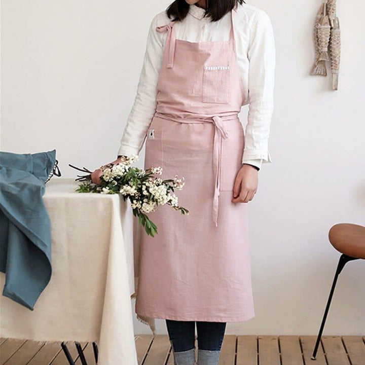 Solid Linen Bib Apron with Pockets for Cafe Barista - Trendha